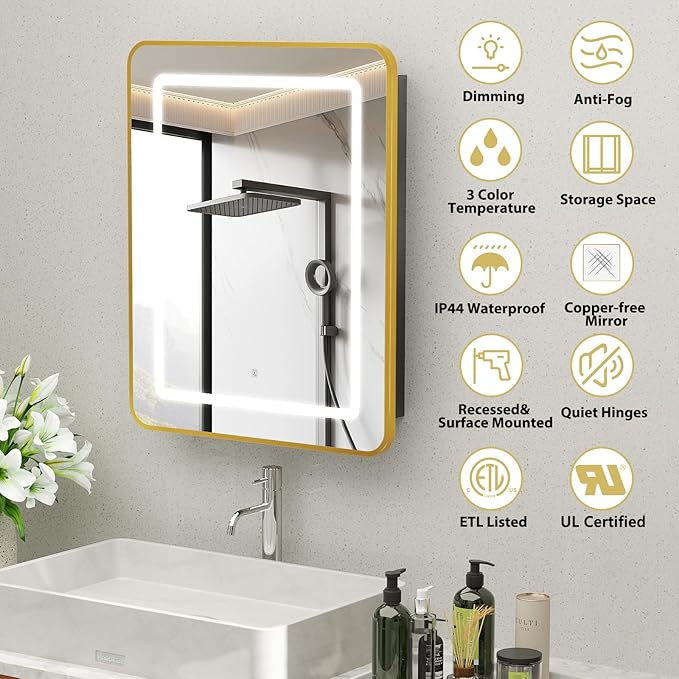 ROOMTEC Lighted Medicine Cabinet with Mirror, Wall Mounted Bathroom Mirror with Storage, Single Doors Bathroom Wall Cabinet with LED Lights,Gold,16"x24"
