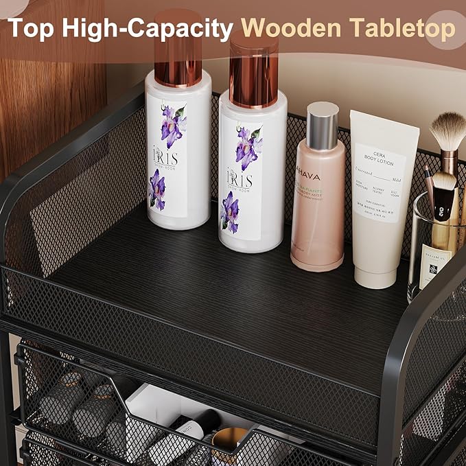 Makeup Cart Organizer with 4 Drawers, Vanity Storage Organizer, Large Floor Skincare Organizers Cosmetics Display Cases for Skin Care Perfume Nail Polish, Black