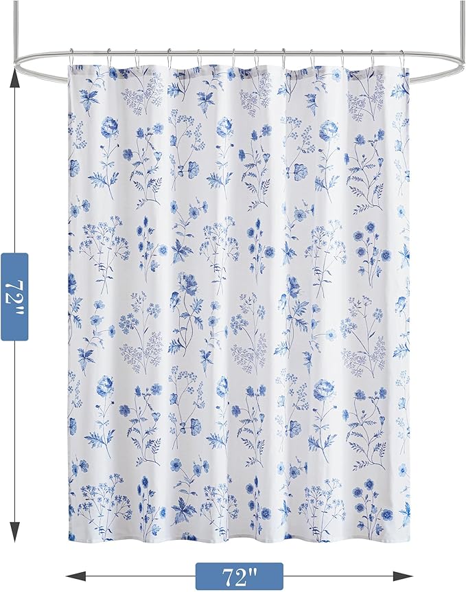 Martha Stewart Martha's Garden Shower Curtain Botanical Floral Print Cotton Shower Curtain for Bathroom, Spa Quality Modern Shower Curtains Standard Size, 72x72 Blue