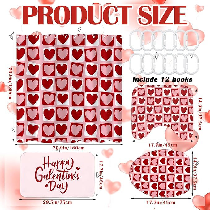 Drydiet 4 Pcs Galentine 's Day Shower Curtain Set, Plaid Heart Curtain Happy Galentine's Day Non Slip Rugs Toilet Lid Cover U Shape Bath Mat and 12 Hooks Bathroom Supplies for Home Decor
