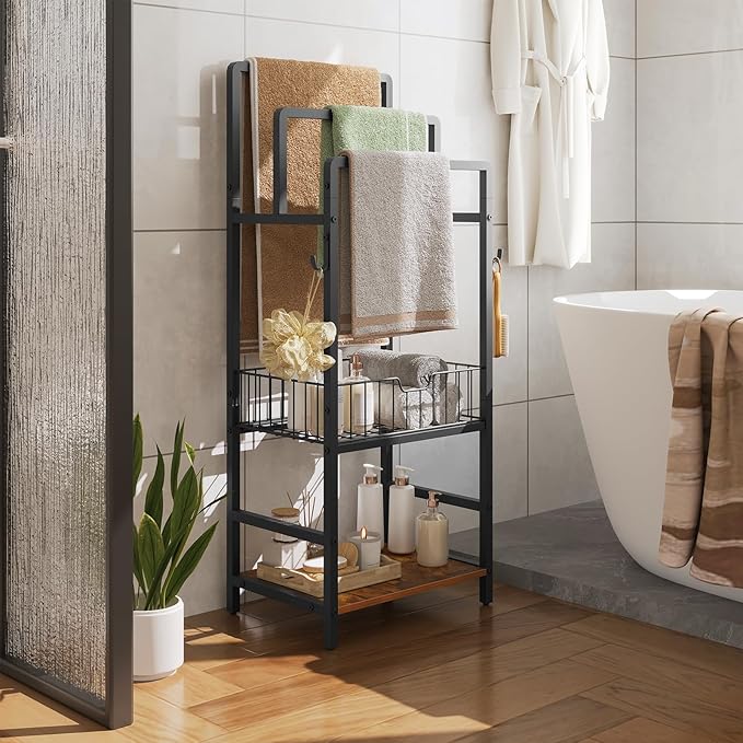 HOOBRO Freestanding Towel Rack for Small Bathroom, 3-Tier Towel Holder with Storage Shelf, Basket & Hooks, Space Saving Bathroom Organizer for Towels & Toiletries, Rustic Brown BF13LB01