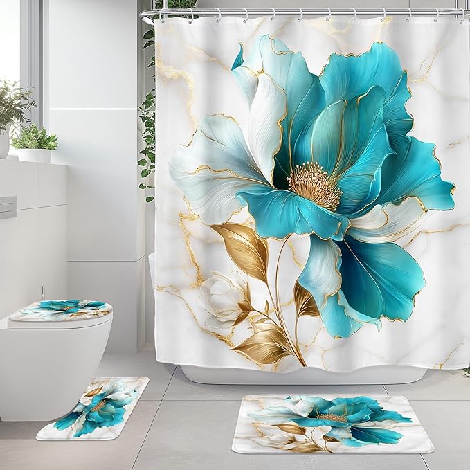Riyidecor Teal Gold Marble Floral 4Pcs Bathroom Shower Curtain Sets Modern Flower Abstract Bathroom Decor Set with Rugs and Accessories Minimalist Toilet Lid Rug, Contour and Bath Mat with 12 Hooks