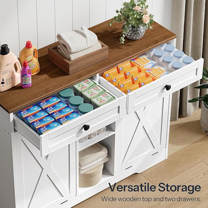 HOOBRO Double Tilt Out Laundry Hamper Cabinet, 23 Gallon Farmhouse Trash Can Cabinet with 2 Drawers and Open Shelving, Wooden Hidden Laundry Hamper, for Bathroom, Kitchen, White and Walnut WH11XY01