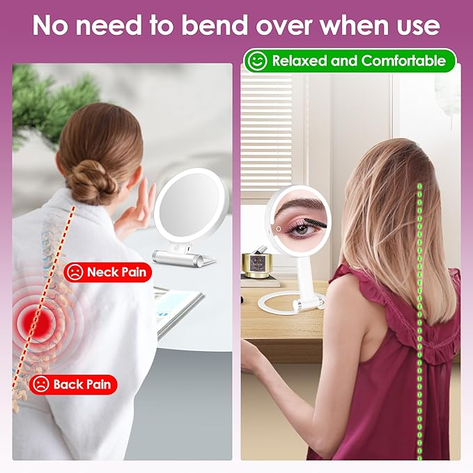 20x Magnifying Mirror with Light, Travel Mirror with Light, Lighted Makeup Mirrors with Magnification, Hand Held Mirrors with Handle, Portable Tabletop, Suitable for Bathroom