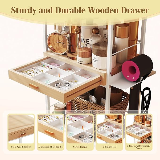 Makeup Organizer Cart with Wooden Drawer, 2-in-1 Floor Skincare Organizers with Jewelry Storage, 16.5'' L x 11.8'' W x 34.2'' H Large Make Up Organizers Vanity Organizer for Skin Care Hair Tool