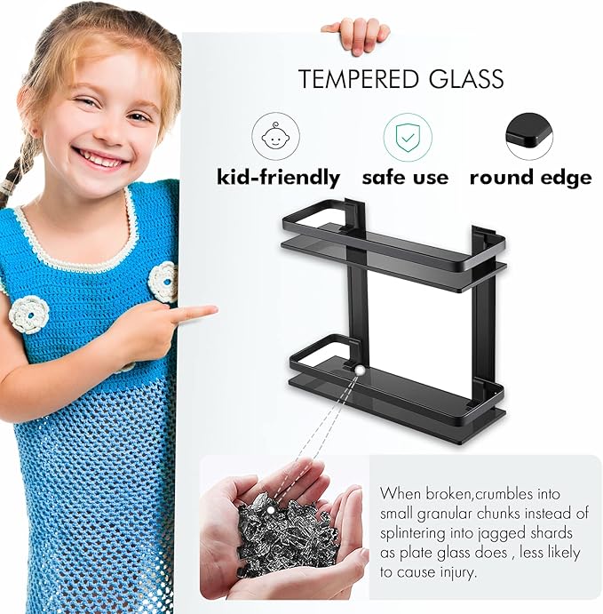 KES 2 Tier Bathroom Glass Shelves, Black Extra Thick Tempered Glass Rectangular, Aluminum Double Shelves Wall Mounted, BGS4126B-BK