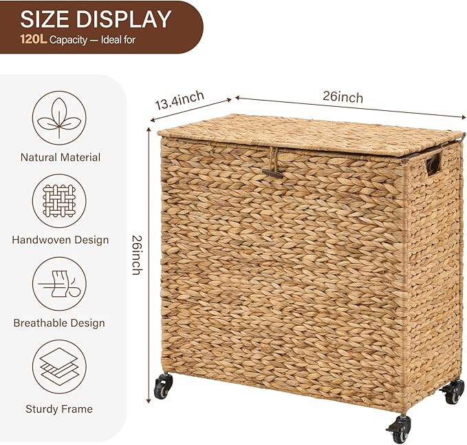 Hand-Woven Laundry Basket with Wheels, Natural Water Hyacinth Laundry Hamper with Lid, Removable & Machine-Washable Liner,2-Section Clothes Hamper for Bathroom and Laundry Room(120L,Natural)