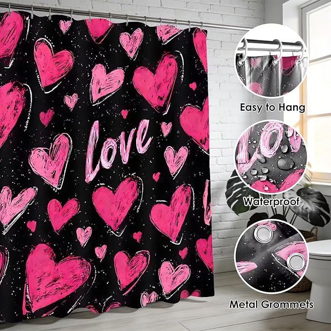 DDQQ 4 Pcs Pink Heart Shower Curtain Set Love Bathroom Sets with Shower Curtain and Rugs Romantic Bathroom Decor Accessories Bathroom Rugs Toilet Lid Cover with Hooks