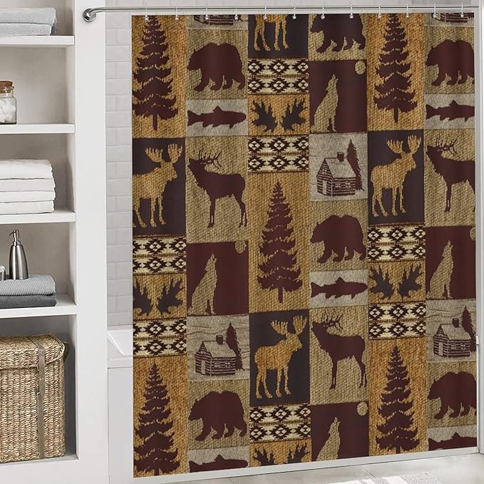 Retro Rustic Bear Country Style 4 Piece Shower Curtain Sets, Non-Slip Rugs, Toilet Lid Cover and Bath Mat, Durable and Waterproof, for Bathroom Decor Set One Size