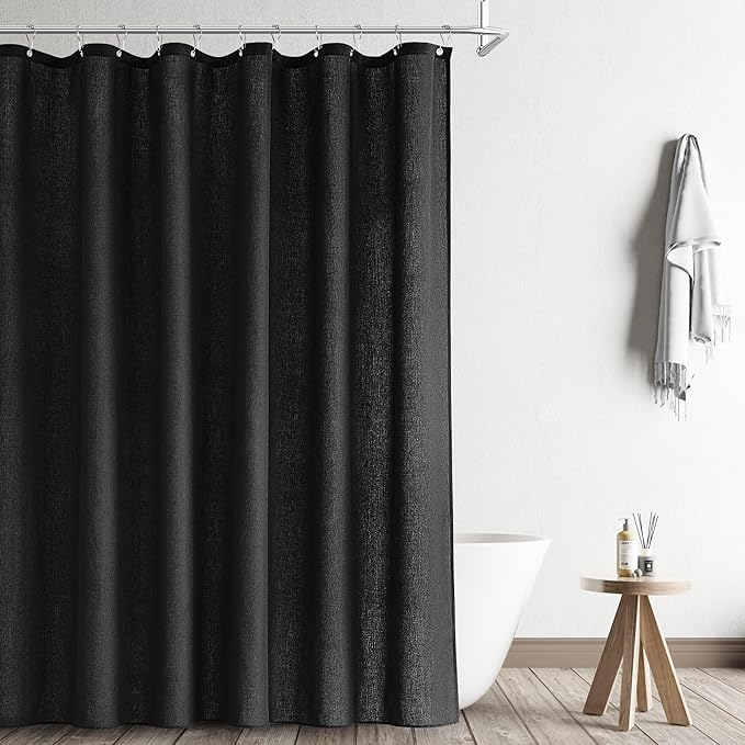 Naturoom Black Linen Shower Curtain Liner Neutral Weighted Cloth Fabric Textured Beige Farmhouse Rustic Burlap Country Style Shower Curtains for Bathroom,Black,72x78 Inches Length