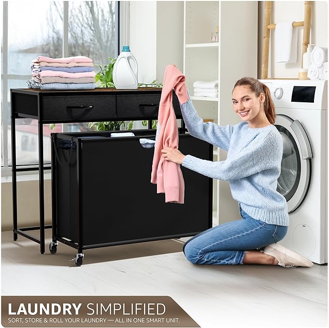Sorbus 3 Section Laundry Hamper with Shelf and 2 Drawers for Laundry Room Organization, Laundry Basket with Wheels, Rolling Laundry Hamper, Laundry Sorter for Optimal Storage and Organization (Rustic)