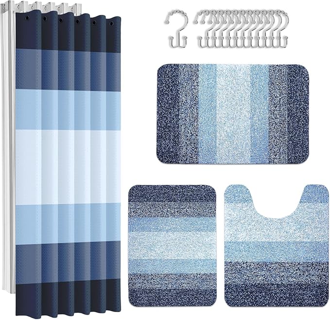 Britimes Navy Blue Stripes Bathroom Sets with Shower Curtain and Rugs, Modern Minimalist Ombre Waterproof Shower Curtain Liner and Soft Non Slip Bath Mat for Bathroom Decor and Accessories Hooks