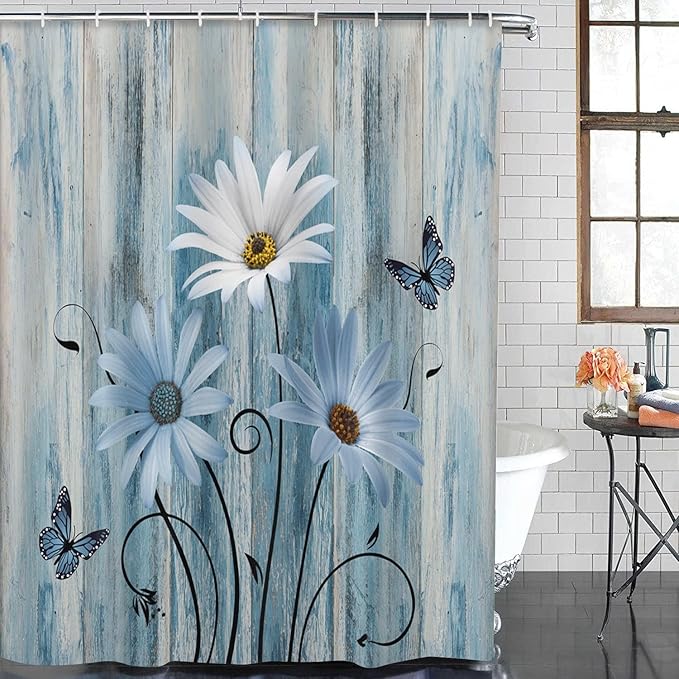 ArtSocket Blue Daisy Bathroom Set with Shower Curtain and Bath Rugs and Accessories,Wooden Boards Non-Slip Shower Curtain Set,Bathroom Decor 3 Pcs