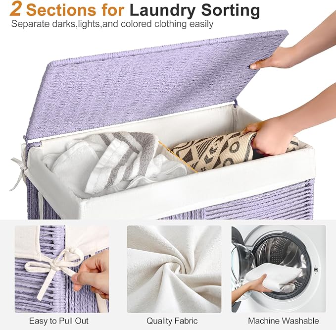 WOWLIVE Double Laundry Hamper with Lid, Handwoven Rolling Laundry Basket with Wheels, 115L Dirty Clothes Hamper with Removable Liner Bag Large Capacity Laundry Sorter Laundry Room Organization,Purple