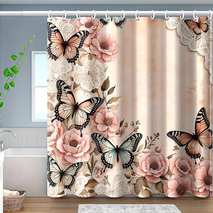 Dreamrflove Butterfly Shower Curtain, 1-Pack Pink Floral Shower Curtain, Butterfly Floral Bathroom Decor, 72x72 Inch Waterproof Polyester Insulated Home Decor