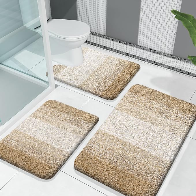 OLANLY Bathroom Rugs Sets 3 Piece, Soft Absorbent Microfiber Bath Mats and U-Shaped Contour Toilet Rug, Plush Shaggy Bath Mat Set for Bathroom (30"x20"+24"x16"+24"x20", Tan)
