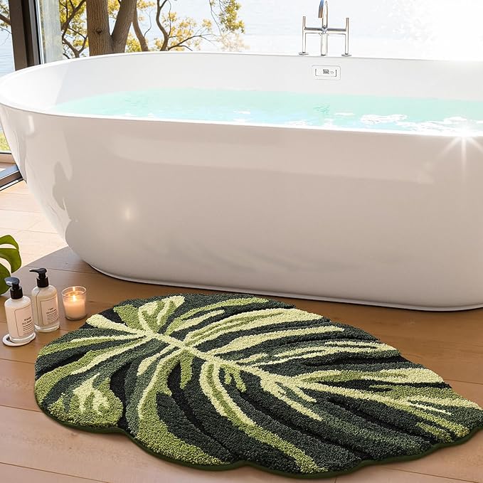 LUMI Cute Bathroom Rugs with Green Leaf Plant, Soft, Fluffy, Plush, Absorbent, Quick Dry, Non Slip, Machine Washable for Shower Floor, Bathroom, Bedroom, Kids Room, 32"x48", Dark Monstera