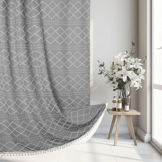 Boho Grey Textured Shower Curtain with Tassels 72 x 72 Tufted Chevron Striped Chenille Woven Fabric Cloth Shower Curtain Modern Farmhouse Minimalist, Shabby Chic Home Decor for Bathroom