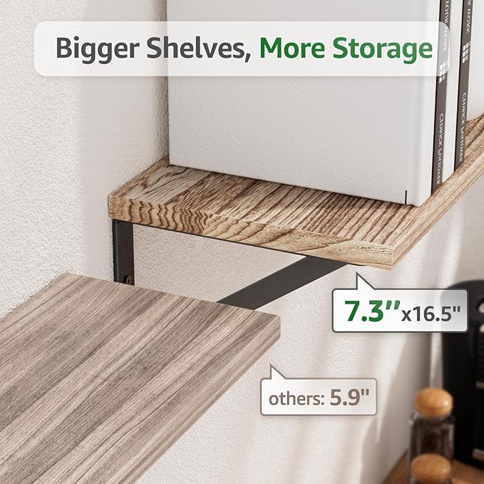 COCOYA Wall Shelves 7.3" Deep Set of 4, Solid Paulownia Wood Wider Longer Sturdy Easy to Install Wall Mounted Bookshelves Storage Shelves Bathroom Home Office Laundry Room Bedroom Organizer