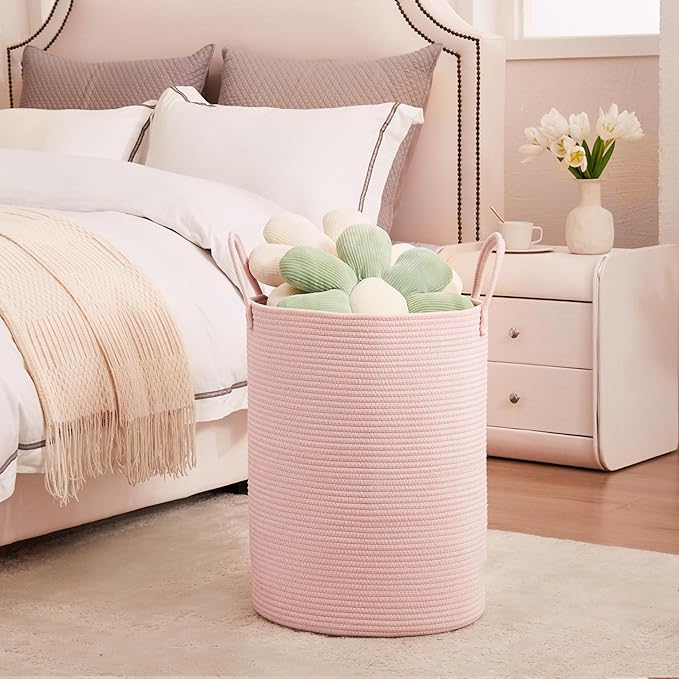 Large Pink Laundry Basket 15x20 Inches, 60L Woven Rope Hamper for Baby Girls and Kids, Nursery Storage Bin for Girls Room, Kawaii Bedroom Laundry Hamper