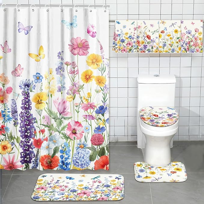 Tatuo 8 Pcs Spring Wildflower Shower Curtain Set Watercolor Floral Bathroom Accessories Decor Farmhouse Plants Butterfly Waterproof Shower Curtain with Towels Carpet Bath Mat Toilet Rugs and 12 Hooks