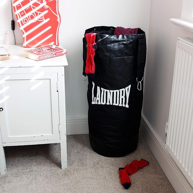 Suck UK Boxing Laundry Bag - Punch Bag Shaped Laundry Basket - Teenage Boys Washing Basket - University Room Student Essentials - Hanging Hamper - Clothes Storage - Funny Boxing Gifts For Men - 70 L