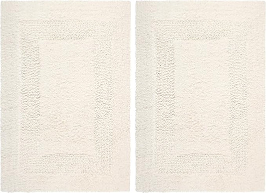 COTTON CRAFT Luxurious Bath Mat Rug - Set of 2 Reversible Heavyweight Step Out Bath Mats for Bathroom Floor, Tub and Shower - Pure Cotton Soft Plush Absorbent Tufted Racetrack Mat - 17 x 24 in - Ivory