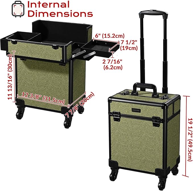 BYOOTIQUE Cosmetology Cases on Wheels Rolling Makeup Organizer Cart Professional Nail Tech Storage Hairdressing Brush Bags for Nail Artist Beauty Barber Salon Hairstylist,Rococo Moss