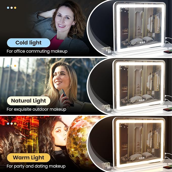 Vanity Mirror with Lights, 23"x 18" Large LED Lighted Mirror with Detachable 10X Magnification & 3 Colors Modes, and USB Charging Port for Vanity Desk Tabletop (White, 23 * 18)