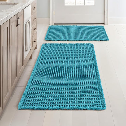 MIULEE Set of 2 Waffle Bathroom Rugs, Boho Bath Rugs Non Slip Washable, Super Absorbent Bath Mats, Ultra Soft Rubber Backed Shower Mats for Bathroom Floor, Tub, Teal, 17"x24"+18"x30"
