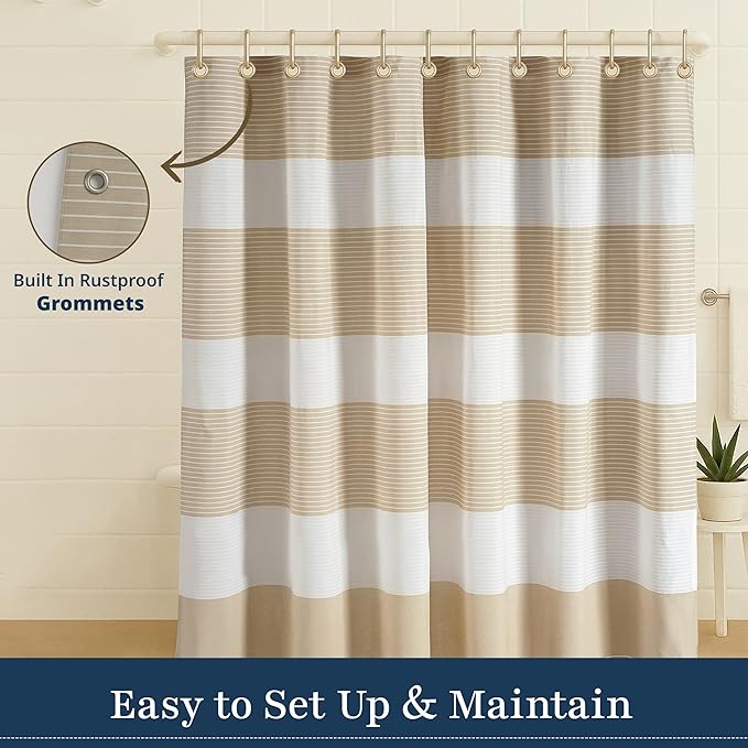LANE LINEN Premium Shower Curtain for Bathroom - 72W x 72H - Dobby Striped Soft Textured Weave - Water Resistant & Quick Dry - Machine Washable - Reinforced Header with Metal Grommets - Beige