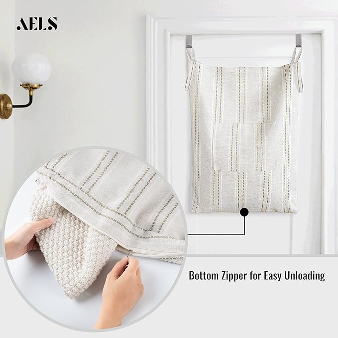 AELS Farmhouse Hanging Laundry Hamper with 2 Hooks, Boho Beige & Brown Stripes Laundry Bag with Zipper & Wide Open Top, Over the Door Organizer for Dirty Clothes, Washable Space Saving Storage