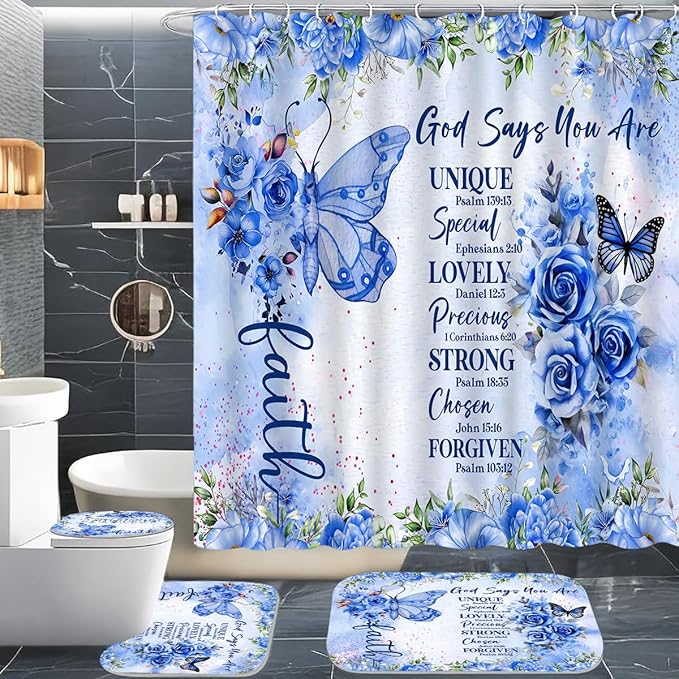 4 Pcs Blue Butterfly Inspirational Quotes Shower Curtain Set with Rugs, Toilet Lid Cover and Bath Mat, Bible Verse Floral Bathroom Decor Set Accessories, Colorful Boho Shower Curtain with 12 Hooks