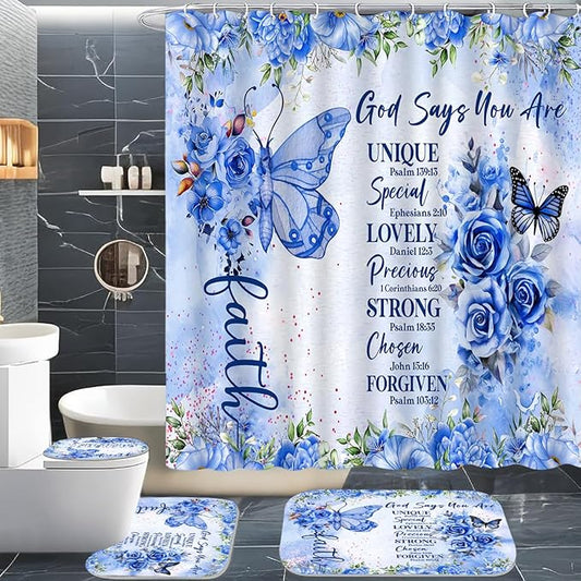 4 Pcs Blue Butterfly Inspirational Quotes Shower Curtain Set with Rugs, Toilet Lid Cover and Bath Mat, Bible Verse Floral Bathroom Decor Set Accessories, Colorful Boho Shower Curtain with 12 Hooks