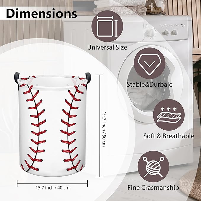 Baseball Laundry Basket, Collapsible Waterproof Oxford Cloth Laundry Hamper, Funny Round Kids Toys Storage Basket as Room Decor, Dirty Clothes Hamper for Bedroom Bathroom Dorm