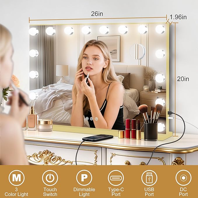 Moonee Gold Vanity Mirror with Lights, Hollywood Lighted Makeup Mirror with 17 Dimmable Bulbs and 10X Magnification, 3 Colors Modes, Aluminum Metal Frame, Light Up Mirror for Tabletop/Wall（26" x 20"）