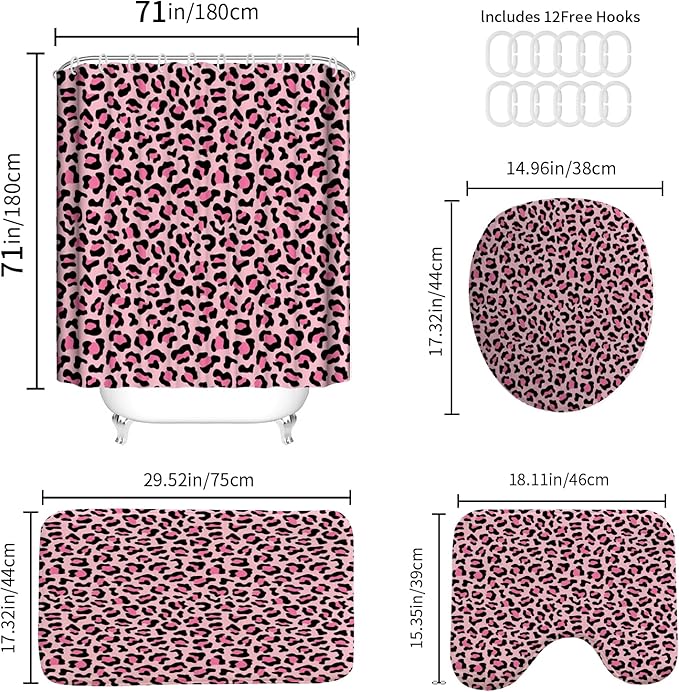 Onalasyc 4 Pcs Leopard Shower Curtain,Cheetah Shower Curtain Bathroom Set,Pink Animal Print Leopard Waterproof Bathroom Sets with Shower Curtain and Rugs,juego de baño,with 12 Pcs Hooks