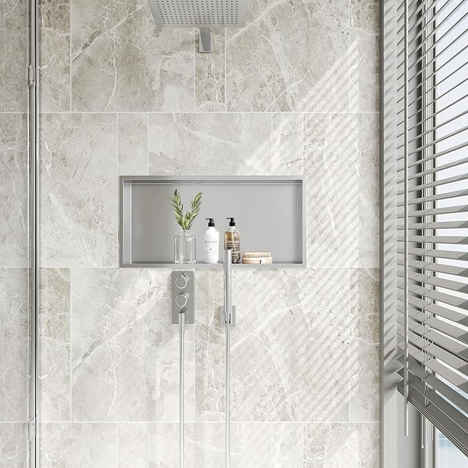Neodrain Shower Niche, Insert Bathroom Storage Shower Shelf, Stainless Steel Recessed Wall Niche No Tiled Recessed Cabinet Waterproof for Shower Storage(Brushed,24"x12")