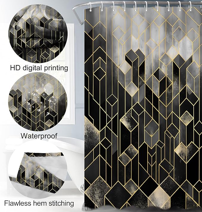 Lnond 4Pcs Bathroom Sets with Shower Curtain and Rugs, Black Bathroom Shower Curtain Sets, Black Gradient Modern Bathroom Decor Sets with Rugs and Accessories