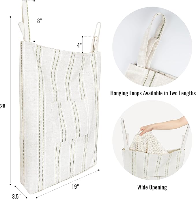 AELS Farmhouse Hanging Laundry Hamper with 2 Hooks, Boho Beige & Green Stripes Laundry Bag with Zipper & Wide Open Top, Over the Door Organizer for Dirty Clothes, Washable Space Saving Storage