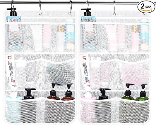 Dntorx 2 Pack Mesh Shower Hanging Caddy, 7 Pockets Hanging Shower Organizer with Metal Loop, Portable Bathroom Bag for Shampoo, Body Wash, Soap, and Cruise Ship Essentials