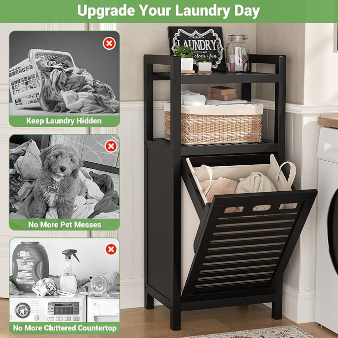 Homykic Tilt Out Laundry Hamper, 10 Gal Bamboo Laundry Storage Cabinet with Removable Basket, Hidden Hamper Organizer with Shelf for Dirty Clothes, Bathroom, Laundry Room, Space Saving, Black
