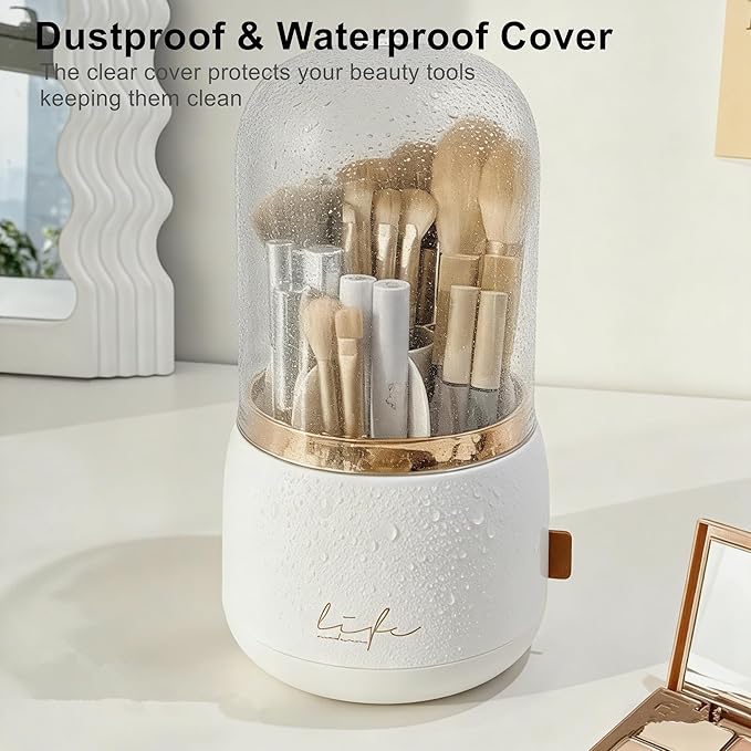 360 Rotating Makeup Brush Holder with Lid,Clear Dustproof Make Up Organizers for Vanity Countertop,Includes a Foldable Bowl for Cleaning Makeup Brush,Transparent, Dustproof-Green