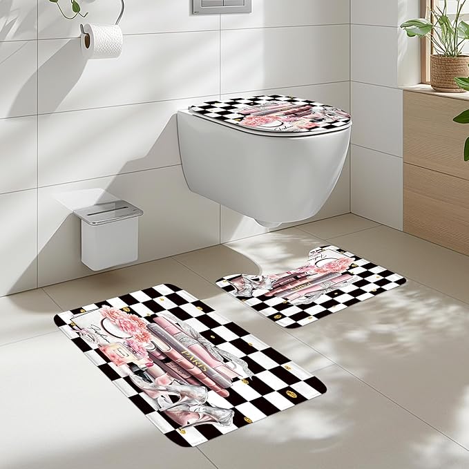 Cinbloo 4Pcs Black White Checkered Shower Curtain Set, Pink Fashion Flower Perfume High Heels Books Bathroom Curtain with Rug, Toilet Lid Cover, Bath Mat, Women Girl Shower Curtain with 12 Hooks