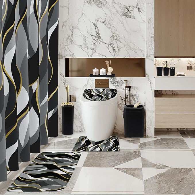 XLHOMO Bathroom Set - Black and Gold Bathroom Accessories, Bathroom Sets with Shower Curtain and Rugs, Black Shower Curtain Set with Bathroom Trash Can, Soap Dispenser, Soap Dish for Home Decor
