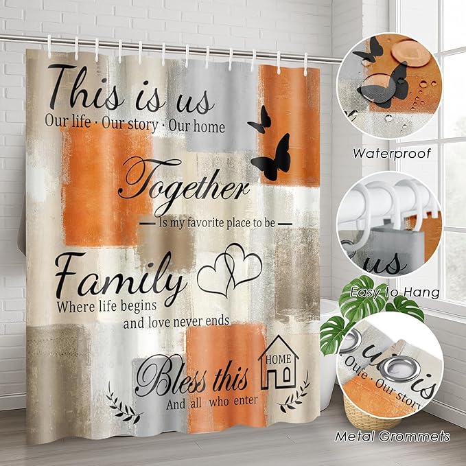 Family Home Motivational Shower Curtain Set with Toilet Lid Cover and Non-Slip Rugs for Bathroom, Orange Beige Abstract Painting Art 4 Pcs Shower Curtain, Modern Bathroom Set with 12 Hooks