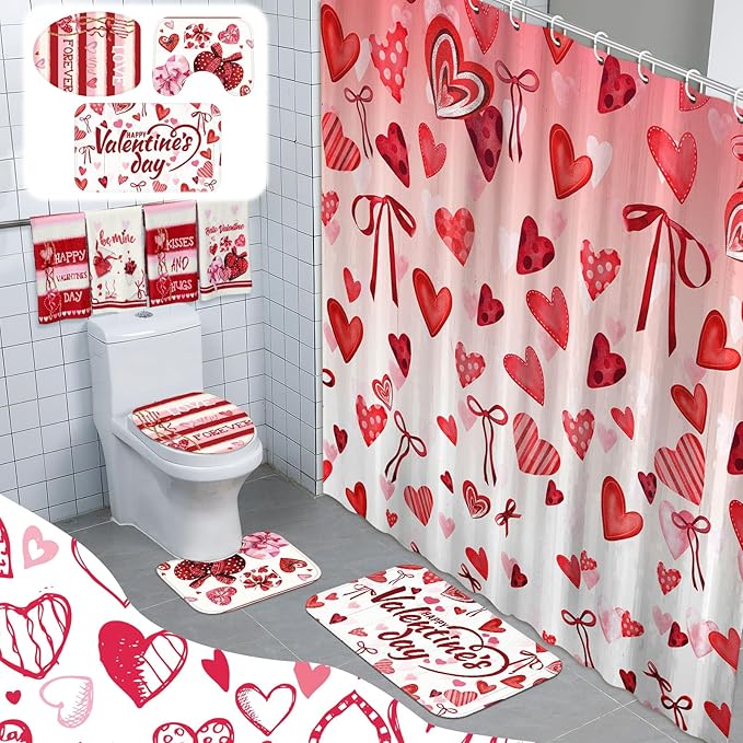 FuWeave 8 Pcs Valentines Shower Curtain Set Red Conversation Hearts Sweet Romantic Bathroom Decor Valentines Day Waterproof Shower Curtain Towels Non Slip Rug Toilet Lid Cover Bath Mat with 12 Hooks