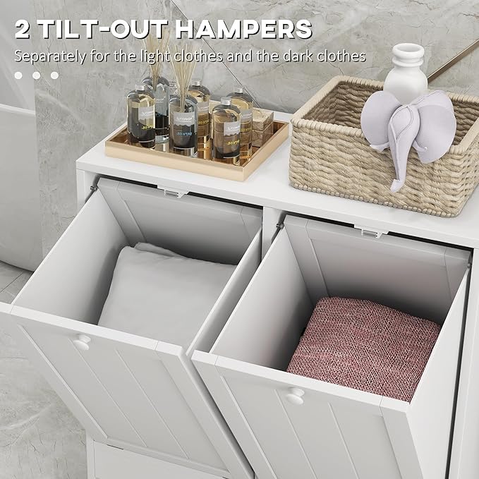 kleankin Double Tilt Out Laundry Hamper Cabinet with Storage, 19 Gallon Hidden Trash Can Cabinet with 2 Doors for Bathroom, Kitchen, White