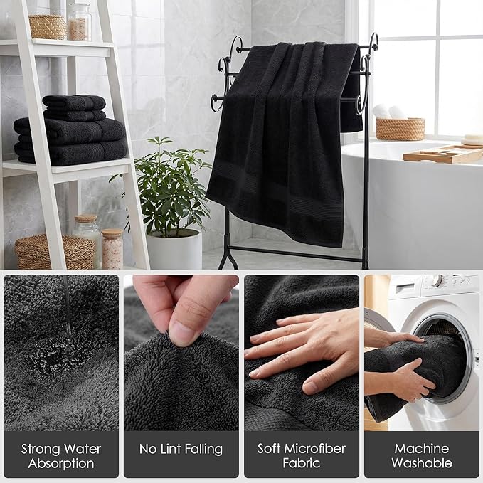 Bathroom Accessories Set - Bathroom Set with Shower Curtain and No Slip Rugs, Trash Can, Toilet Brush Holder Set, Soap Dispenser & Bath Towels - Stylish Bath Decor for Home, Apartment, Black, 25PCS