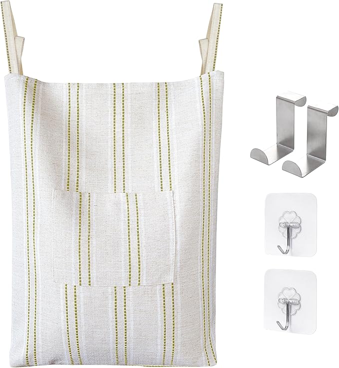 AELS Farmhouse Hanging Laundry Hamper with 2 Hooks, Boho Beige & Green Stripes Laundry Bag with Zipper & Wide Open Top, Over the Door Organizer for Dirty Clothes, Washable Space Saving Storage